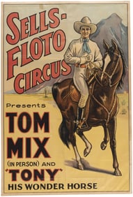 COWBOY TOM MIX AND WONDER HORSE TONY SELLS-FLOTO 1930s CIRCUS POSTER.