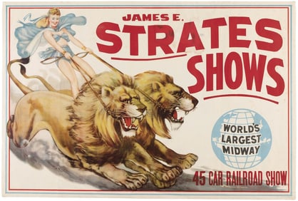 PIN UP GIRL LION TAMER JAMES E. STRATES SHOWS CIRCUS POSTER.