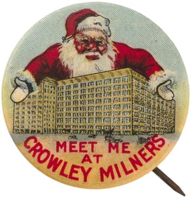 SANTA HOVERING OVER GIANT CROWLEY MILNERS DETRIOT STORE BUTTON C. 1921.