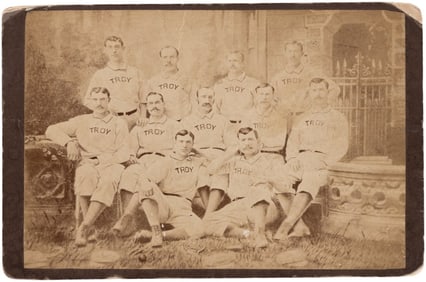 1881 TROY (NY) TROJANS TEAM CABINET CARD WITH FOUR HOFERS: EWING, CONNOR, KEEFE AND WELCH.