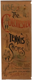 1890s COLCHESTER TENNIS SHOES ADVERTISING SIGN FEATURING SPORTS IMAGES INCLUDING BASEBALL PLAYER.