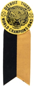1945 DETROIT TIGERS "WORLD CHAMPIONS" BUTTON W/RIBBON.