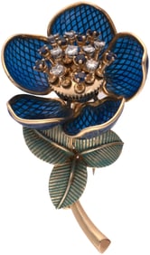 18KT YELLOW GOLD FRENCH ARTICULATED FLOWER BROOCH.
