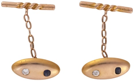 14KT YELLOW GOLD OVAL DIAMOND AND SAPPHIRE CUFFLINKS.