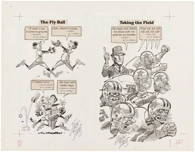 THE MAD JOCK BOOK COMIC ORIGINAL ART BY JACK DAVIS.: 11-5/8x14-7/8" artboard has pen and ink w/inkwash original art for The MAD Jock Book, published in 1983. Art is by MAD legend Jack Davis (1924-2016) and is two-page spread for "Shakespeare On Jocks" s