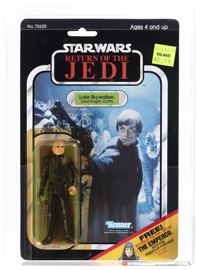 STAR WARS: RETURN OF THE JEDI (1983) - LUKE SKYWALKER (JEDI KNIGHT) 65 BACK-C AFA 80 Y-NM.: Blister card contains 3.75" tall Kenner action figure. "Free! The Emperor" offer. Bottom half of back details the figure that was available free w/purchase of any five Star Wars figures. Card has been