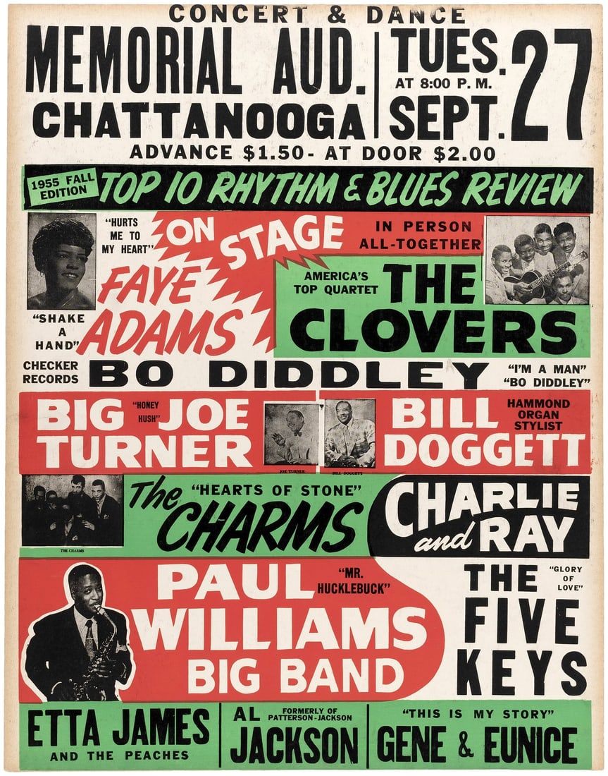 THE CLOVERS, BO DIDDLEY & ETTA JAMES CHATTANOOGA, TN 1955 CONCERT POSTER.: 22x28-3/8" on cardboard. Promoting a "Top 10 Rhythm & Blues Review" on Sept. 27 concert at the Memorial Auditorium in Chattanooga, TN featuring Faye Adams, The Clovers, Bo Diddley, Big Joe Turner, Bil