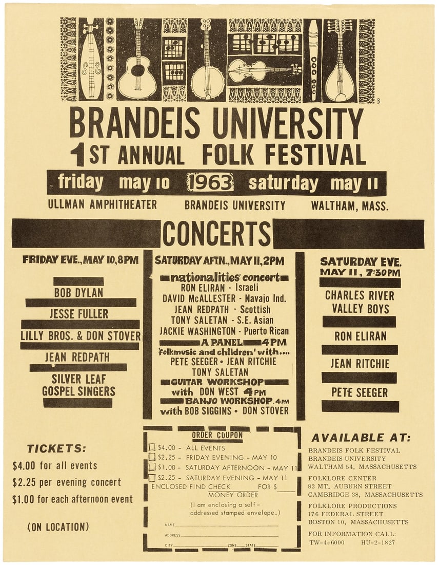 BOB DYLAN, PETE SEEGER BRANDEIS UNIVERSITY 1963 FOLK FESTIVAL WALTHAM, MA CONCERT HANDBILL.: 8.5x11" on thin yellow stock. Promoting the two day "Brandeis University 1st Annual Folk Festival" on "Friday May 10" and "Saturday May 11". Pete Seeger is listed as the closing act for Saturday night
