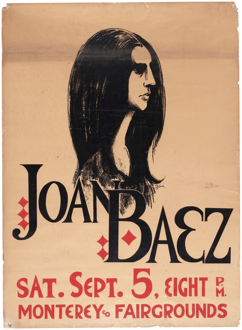 JOAN BAEZ, BOB DYLAN MONTEREY, CA 1964 CONCERT POSTER.: 22x30" on uncoated stock. Art by Eldon Dedini. Promoting a concert at Monterey Fairgrounds on Sat. Sept. 5 w/lovely portrait of Baez. At this point the folk singer was in a relationship w/Bob Dylan wh