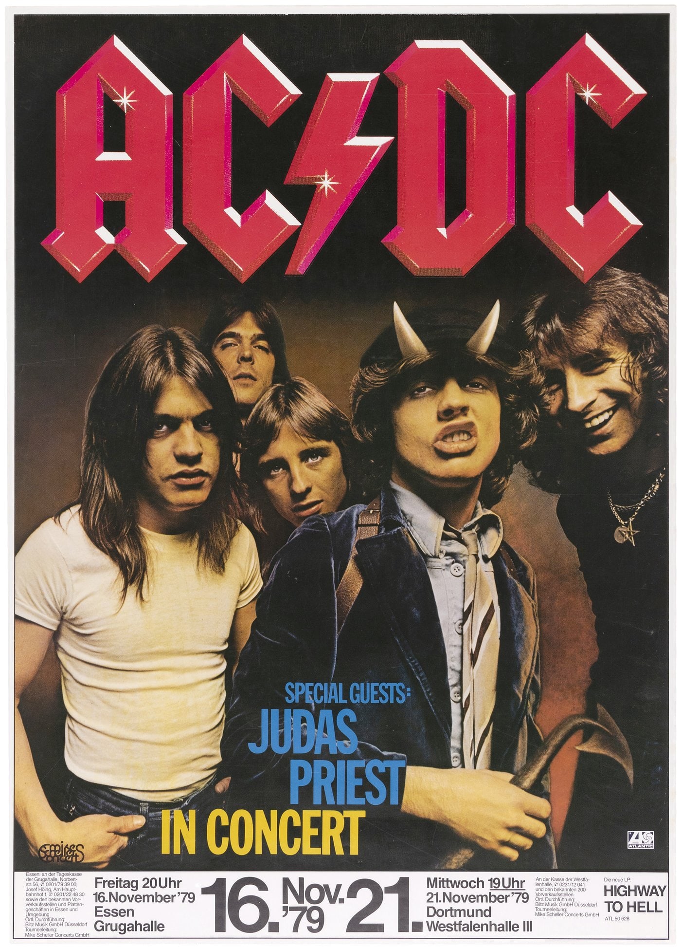 AC/DC, JUDAS PRIEST "HIGHWAY TO HELL" GERMAN 1979 CONCERT POSTER.: 23.75x33.25" on thin paper. Promoting two concerts in Germany on Nov. 16 and 21. Featuring an image of the band including original lead singer Bon Scott. This tour prompting the band's masterpiece Hig