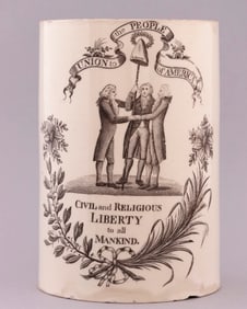 UNION TO THE PEOPLE OF AMERICA RARE COLONIAL REVOLUTIONARIES LIVERPOOL TANKARD.