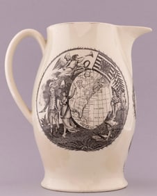 WASHINGTON & FRANKLIN COLONIAL AMERICAN MAP & FIRE ENGINE MOTIF LIVERPOOL JUG.