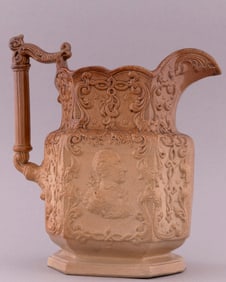 WASHINGTON ECCLESTON MEDAL PORTRAIT BROWN GLAZE STONEWARE PITCHER.