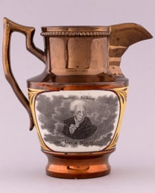 JACKSON "HERO OF NEW ORLEANS" YELLOW ACCENTED COPPER LUSTER PITCHER.