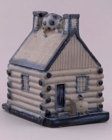WILLIAM HENRY HARRISON COBALT BLUE STONEWARE LOG CABIN BANK.