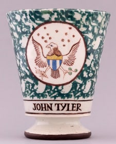 JOHN TYLER EARLY AMERICAN SEAL GREEN SPONGED PEARLWARE HANDLED MUG.