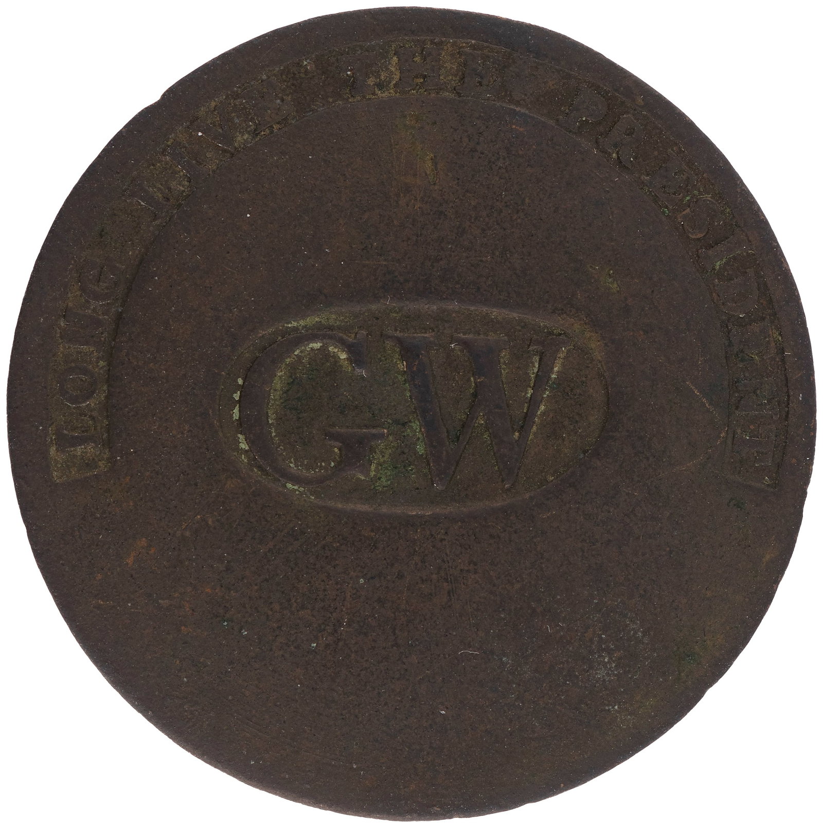 WASHINGTON "GW LONG LIVE THE PRESIDENT" 1789 INAUGURAL CLOTHING BUTTON.: 1-3/8" (34mm). Missing original shank on verso. Brass w/narrow spacing of "GW" at center. Albert WI-11A. Moderate wear. VG. A historic piece produced for Washington's first inauguration. K