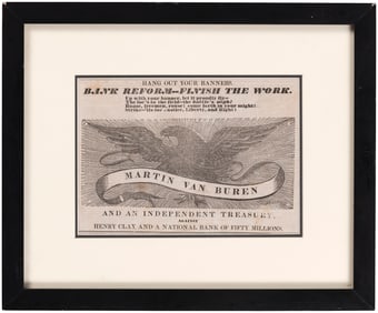 VAN BUREN AND AN INDEPENDENT TREASURY FRAMED NEWSPRINT WOODCUT.