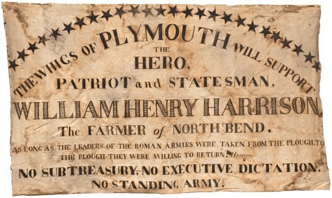 HARRISON "HERO, PATRIOT AND STATESMAN" 1840 CAMPAIGN BANNER.