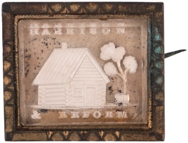 HARRISON & REFORM 1840 LOG CABIN & HARD CIDER BARREL SULFIDE BROOCH.