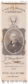 TAYLOR 1849 INAUGURAL PORTRAIT RIBBON WITH OVERPRINTED MEMORIAL TEXT.