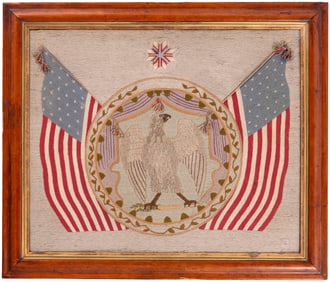 PATRIOTIC EAGLE AND 32 STAR AMERICAN FLAGS ON PRE- CIVIL WAR SAILORS FOLK ART 'WOOLIE' WOOLWORK.