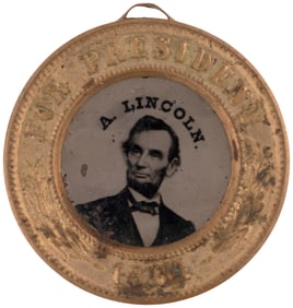 LINCOLN & JOHNSON 1864 BACK-TO-BACK FERROTYPE JUGATE BADGE.