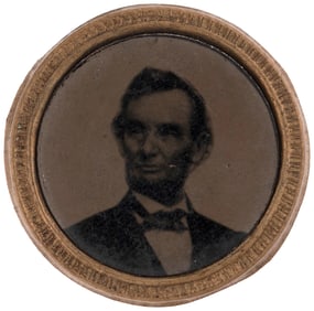 LINCOLN BEARDED PORTRAIT 1864 CAMPAIGN FERROTYPE BADGE.