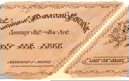 SEYMOUR 1868 "NATIONAL DEMOCRATIC CONVENTION TAMMANY HALL" TICKET.