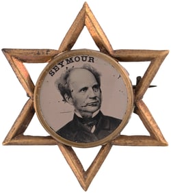 SEYMOUR 1868 BRASS SHELL SIX POINTED STAR FERROTYPE BADGE.