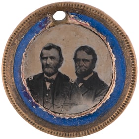 GRANT & COLFAX 1868 COLOR ACCENTED FERROTYPE JUGATE BADGE.