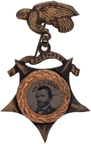 GRANT FERROTYPE "FOR PRESIDENT" 1868 BRASS SHELL STAR SUSPENDED FROM EAGLE HANGER.