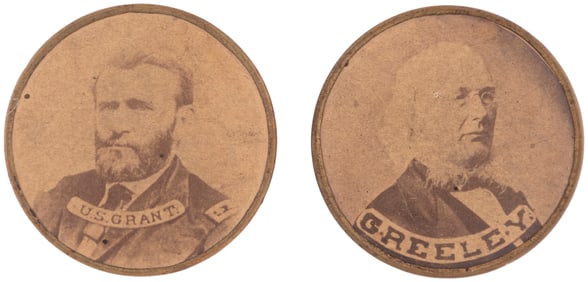 GRANT & GREELEY 1872 CAMPAIGN ADVERTISING SHELLCARD PAIR.
