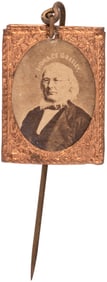 HORACE GREELEY GEM ALBUMEN PORTAIT IN BRASS SHELL FRAME.