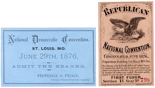 HAYES & TILDEN 1876 DEMOCRATIC & REPUBLICAN CONVENTION TICKET PAIR.