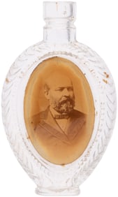 GARFIELD PORTRAIT LABEL UNDER GLASS BOTTLE C. 1880 WHISKEY FLASK.