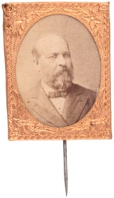GARFIELD GEM ALBUMEN PORTRAIT IN BRASS SHELL PIN-BACK FRAME.