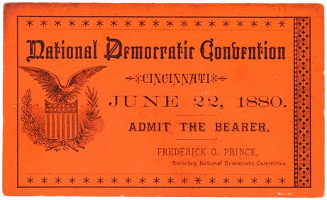 HANCOCK 1880 "NATIONAL DEMOCRATIC CONVENTION CINCINNATI" OHIO TICKET.