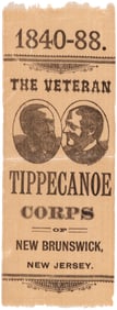 HARRISON & MORTON 1888 "TIPPECANOE CORPS NEW BRUNSWICK, NEW JERSEY" JUGATE RIBBON.