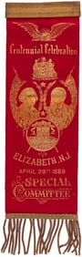 HARRISON & WASHINGTON ELIZABETH, NJ 1889 CENTENIAL CELEBRATION RIBBON.