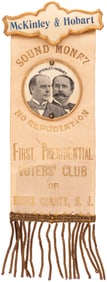 McKINLEY & HOBART ESSEX COUNTY, NJ "NO REPUDIATION" 1896 JUGATE BADGE.