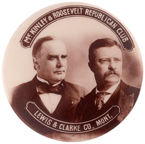 McKINLEY & ROOSEVELT "LEWIS & CLARKE CO." MONTANA JUGATE BUTTON.