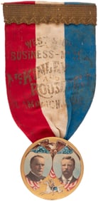 McKINLEY & ROOSEVELT ROUGH RIDER JUGATE ON RIBBON BADGE.