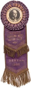 NEBRASKA TRAVELING MEN'S BRYAN CLUB 1908 CONVENTION RIBBON BADGE.