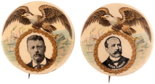 ROOSEVELT & PARKER 1904 SOARING EAGLE PORTRAIT BUTTON PAIR.