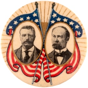 GORGEOUS ROOSEVELT & FAIRBANKS AMERICAN FLAG JUGATE BUTTON HAKE #38.