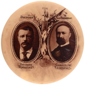 ROOSEVELT & FAIRBANKS REAL PHOTO SEPIA TONED JUGATE BUTTON HAKE #14.