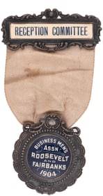 BUSINESS MEN'S ASS'N ROOSEVELT & FAIRBANKS 1904 RARE RIBBON BADGE.