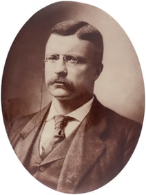 THEODORE ROOSEVELT MASSIVE 7.75" OVAL SEPIA TONED PORTRAIT BUTTON.