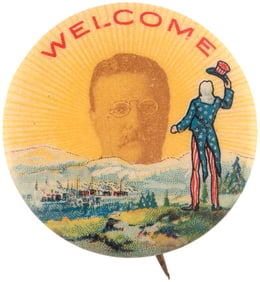 ROOSEVELT UNCLE SAM "WELCOME" SUNRISE BUTTON HAKE #74.